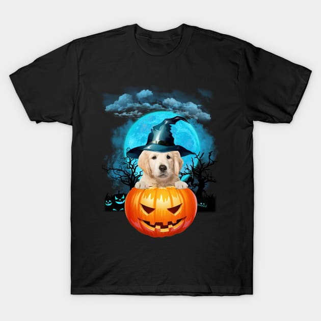 Goldden Retriever Witch Hat Pumpkin And Blue Moon Halloween T-Shirt by Tagliarini Kristi